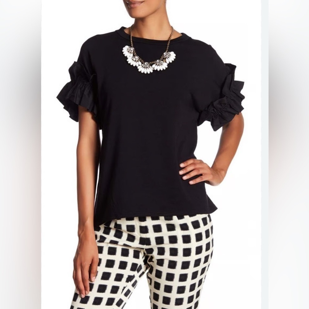 RO & DE XS Black Preppy Going Out Whimsigoth Crew Neck Ruffles Hi Lo MADE USA